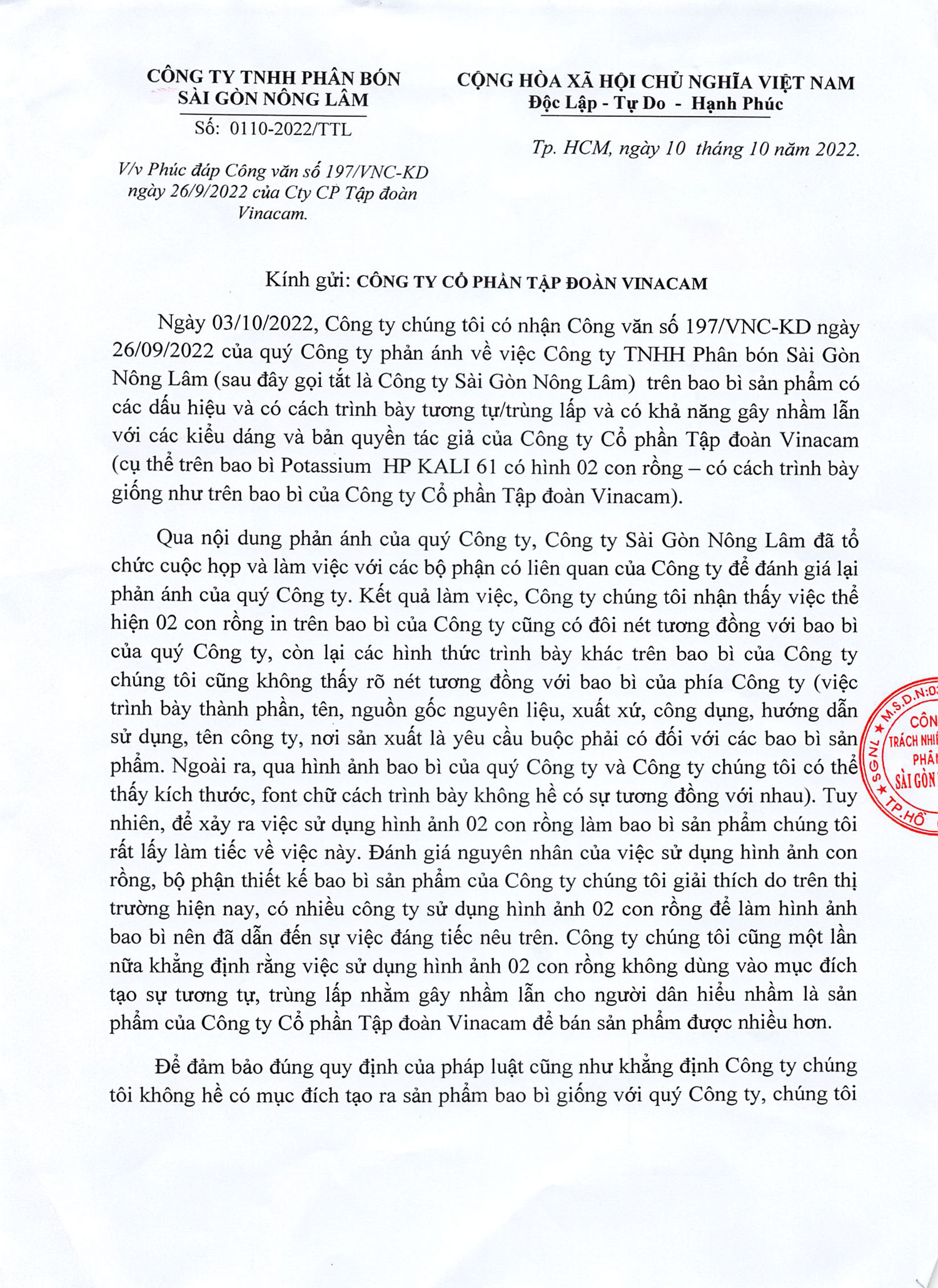 Công văn phúc đáp về các sản phẩm phân bón Kali của Công ty Phân bón Sài Gòn Nông Lâm