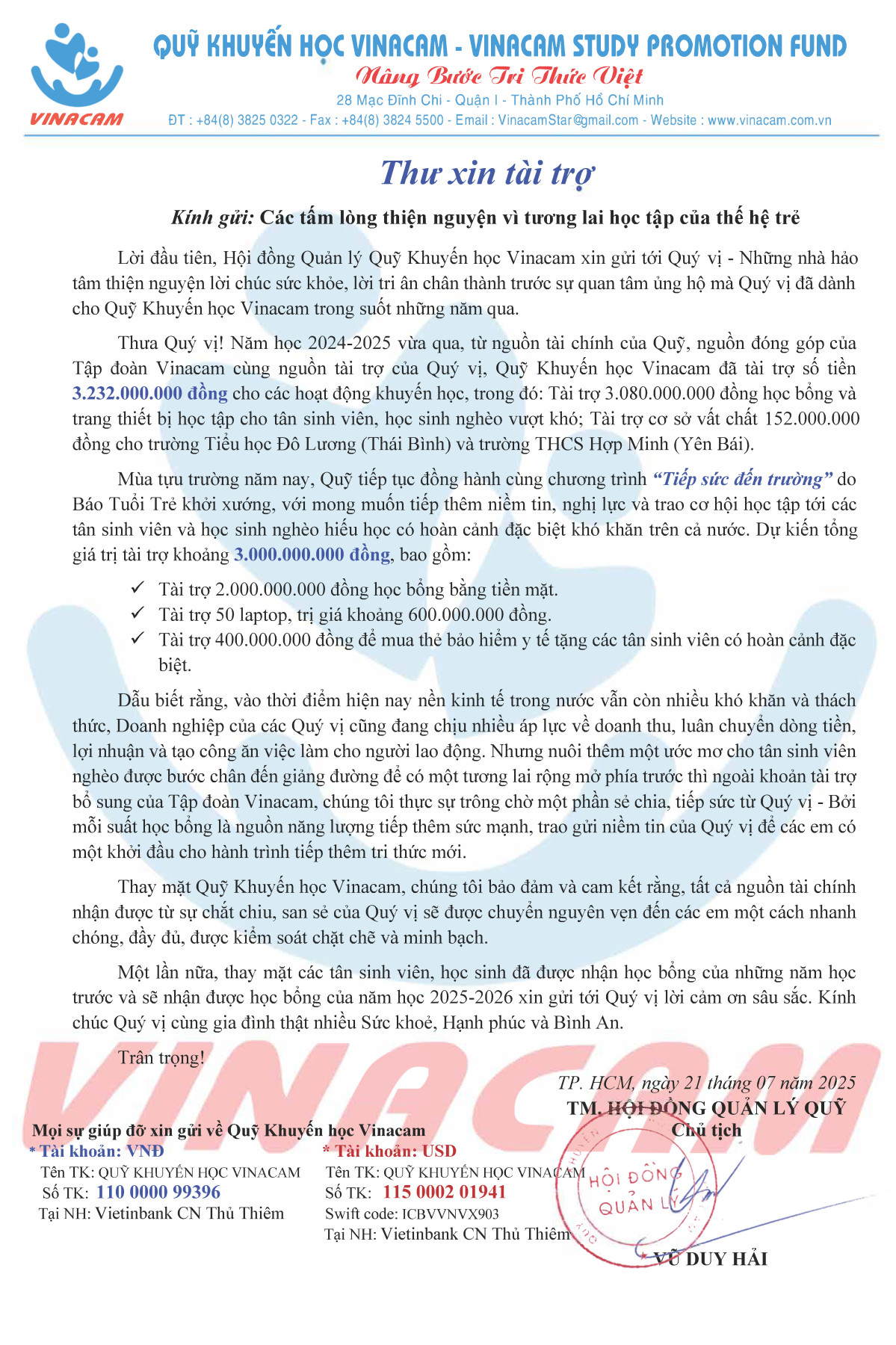 Thư xin tài trợ năm học 2025-2026