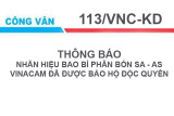 Công văn số 113/VNC-KD thông báo Nhãn hiệu bao bì phân bón SA - AS Vinacam đã được bảo hộ độc quyền