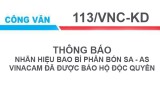 Công văn số 113/VNC-KD thông báo Nhãn hiệu bao bì phân bón SA - AS Vinacam đã được bảo hộ độc quyền